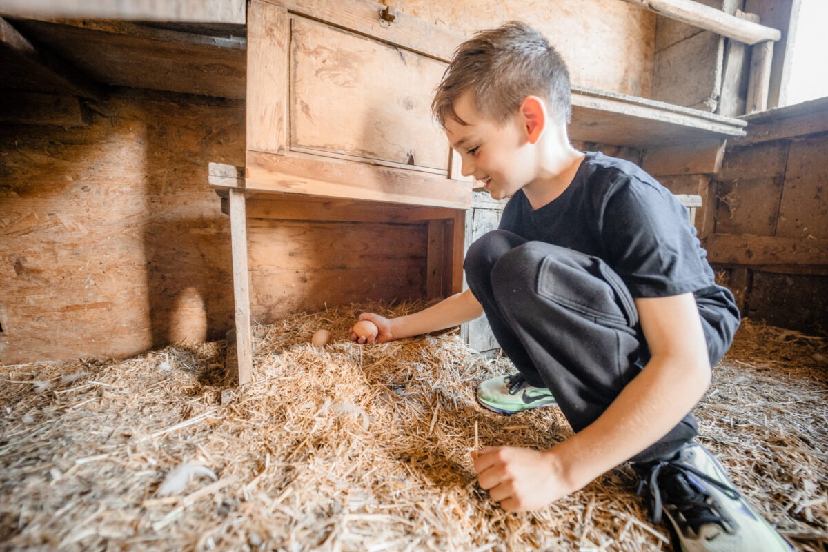 Junge versorgt Kaninchen im Stall